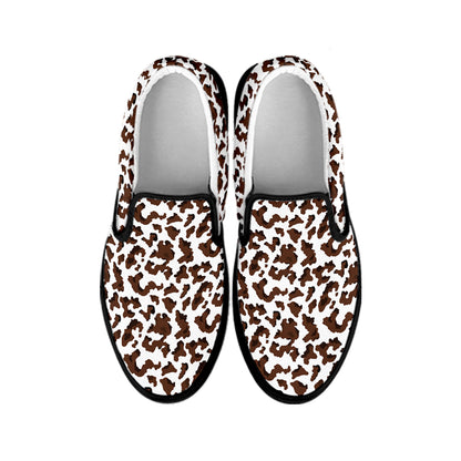 Brown And White Cow Pattern Print Black Slip On Shoes