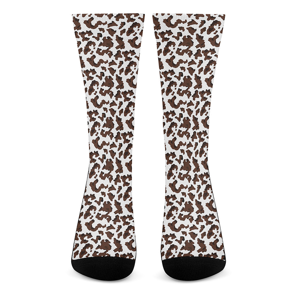 Brown And White Cow Pattern Print Crew Socks