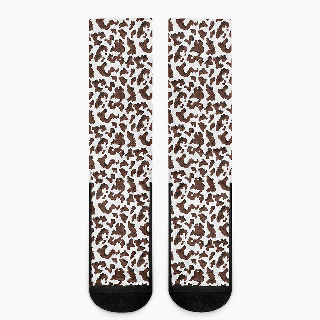 Brown And White Cow Pattern Print Crew Socks