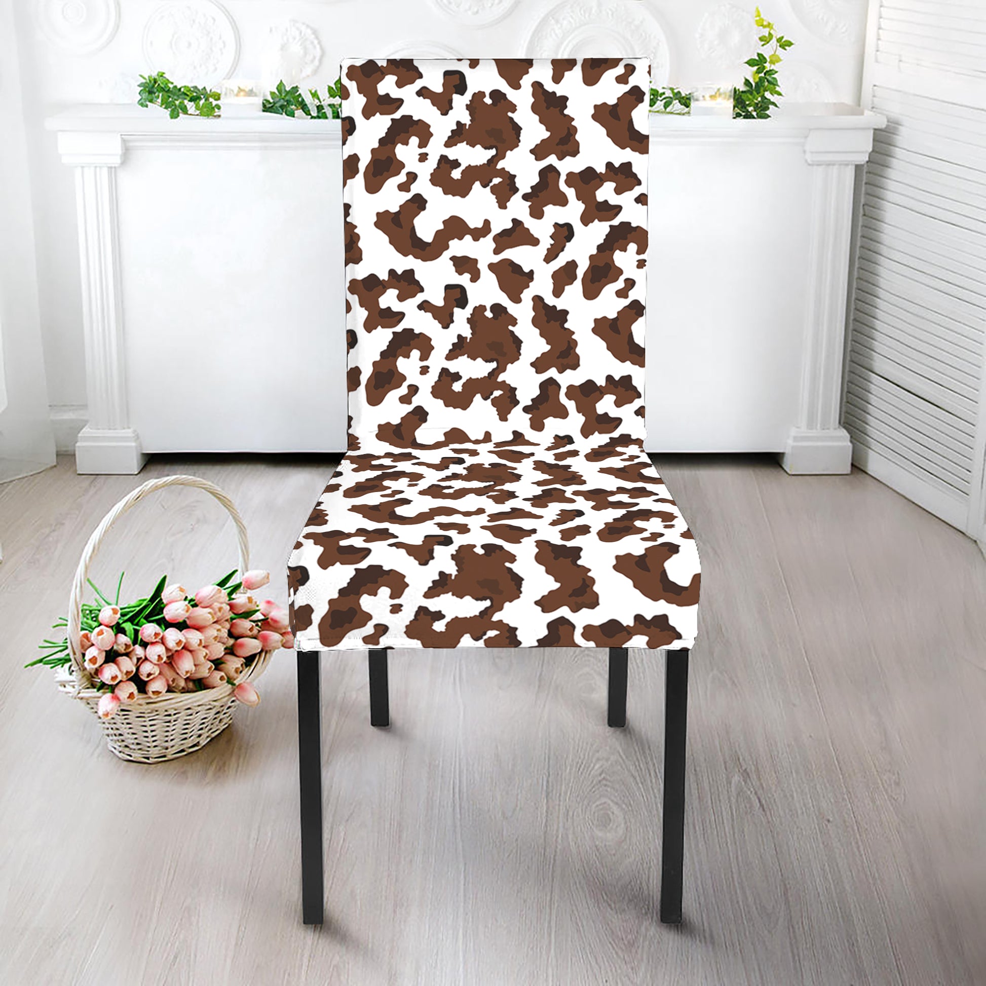 Brown And White Cow Pattern Print Dining Chair Slipcover