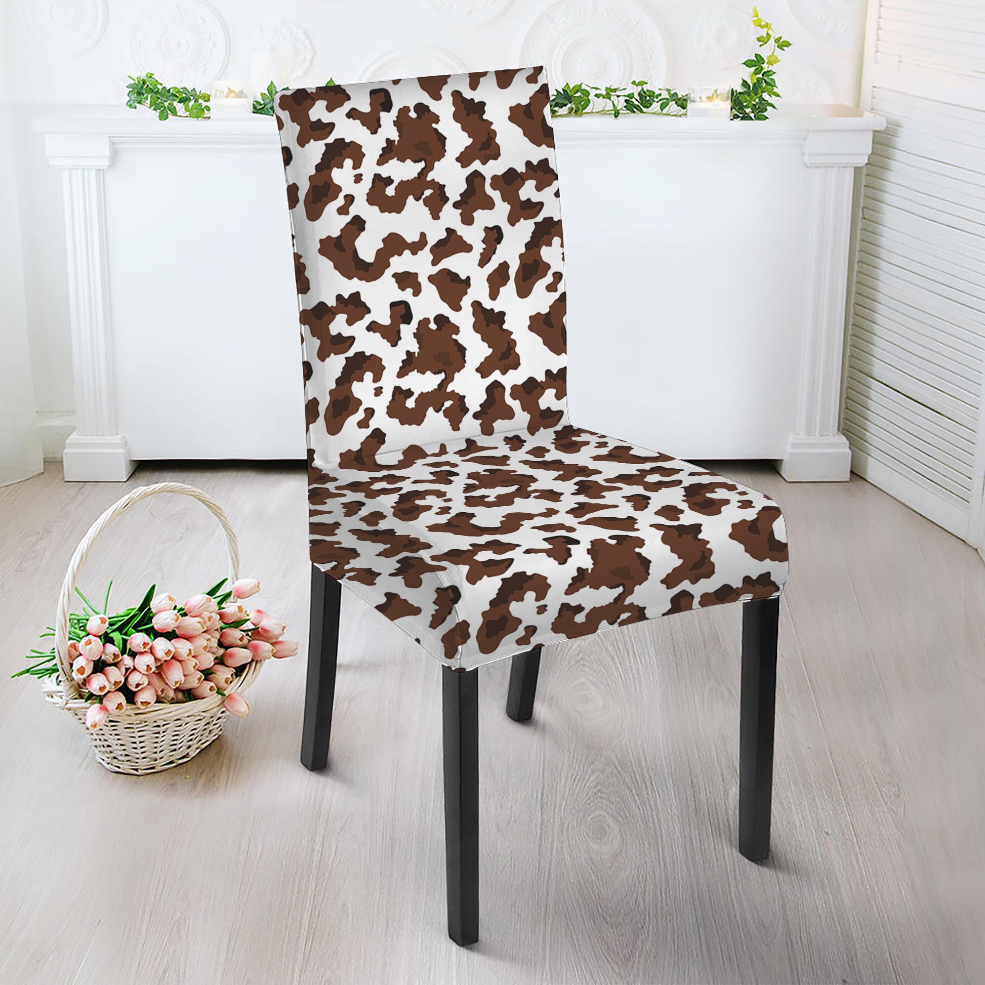 Brown And White Cow Pattern Print Dining Chair Slipcover