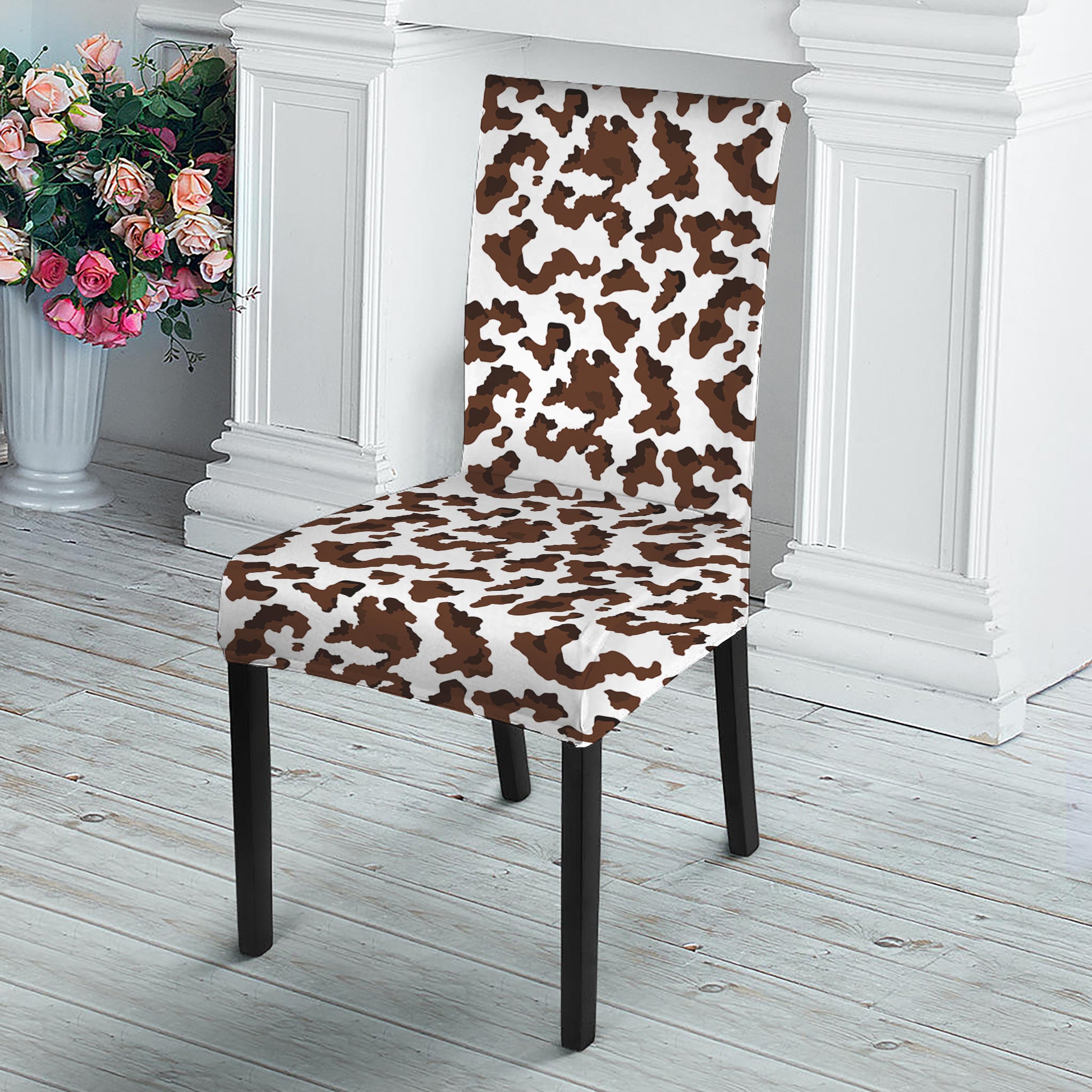 Brown And White Cow Pattern Print Dining Chair Slipcover