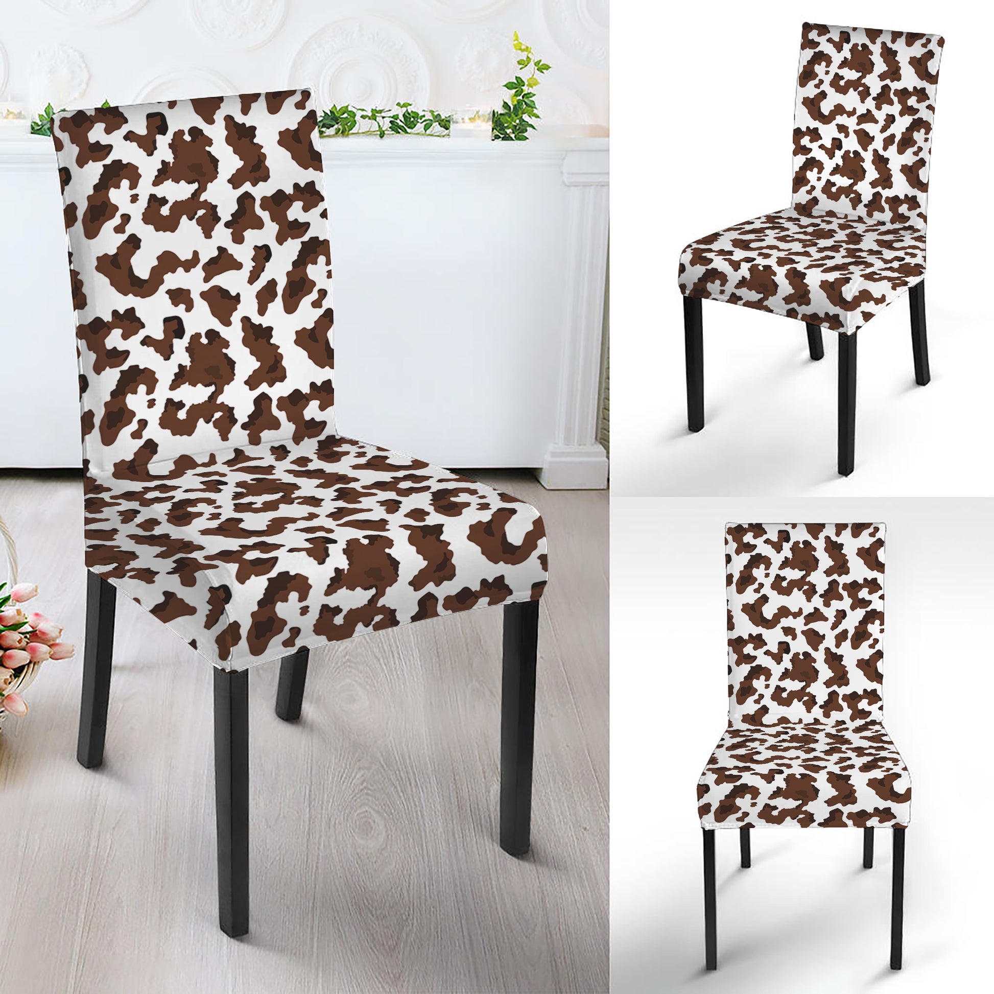 Brown And White Cow Pattern Print Dining Chair Slipcover