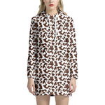 Brown And White Cow Pattern Print Hoodie Dress