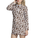 Brown And White Cow Pattern Print Hoodie Dress