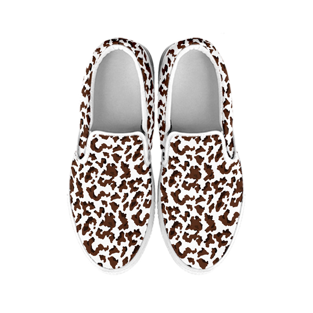 Brown And White Cow Pattern Print White Slip On Shoes