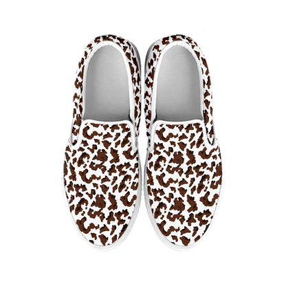 Brown And White Cow Pattern Print White Slip On Shoes