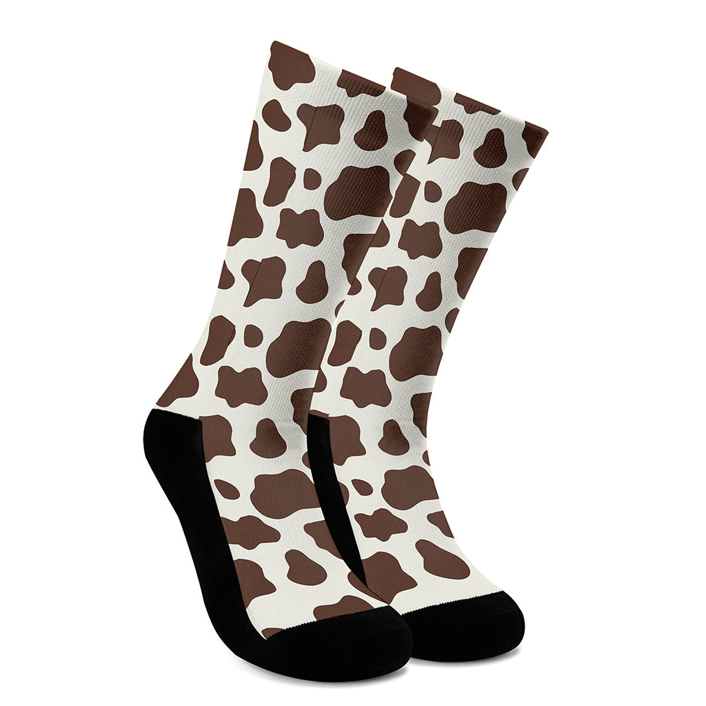 Brown And White Cow Print Crew Socks