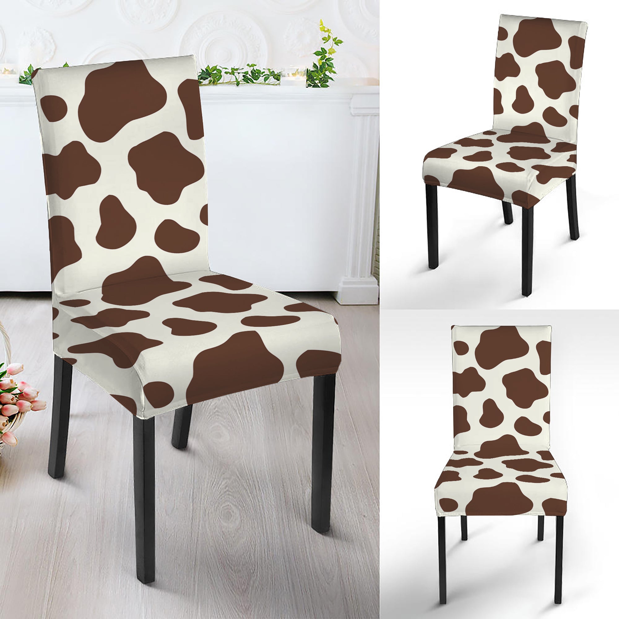 Brown And White Cow Print Dining Chair Slipcover GearFrost