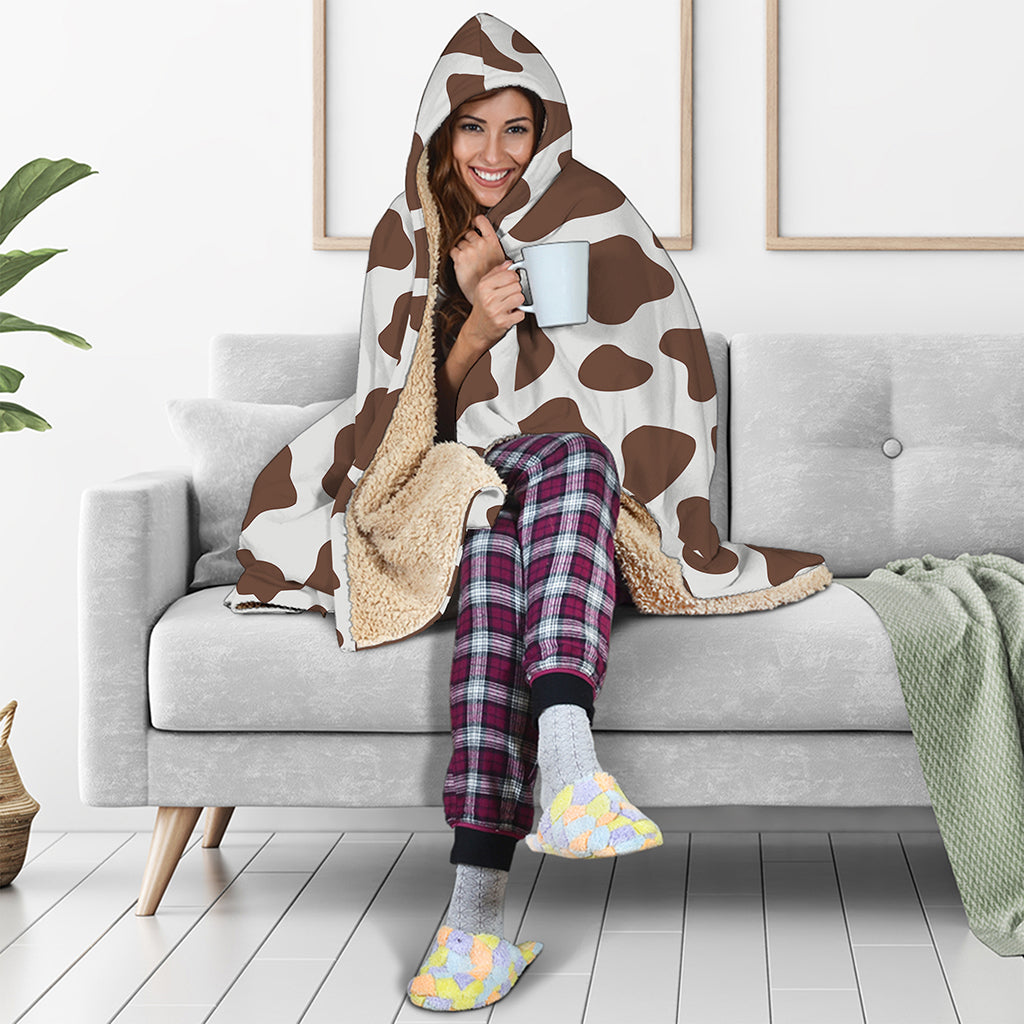 Brown And White Cow Print Hooded Blanket
