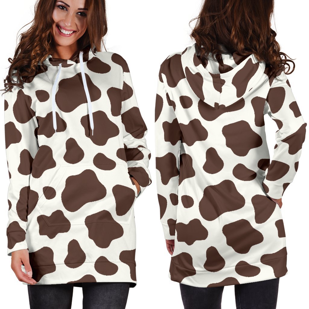 Brown And White Cow Print Hoodie Dress GearFrost