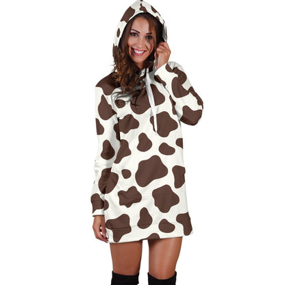 Brown And White Cow Print Hoodie Dress GearFrost