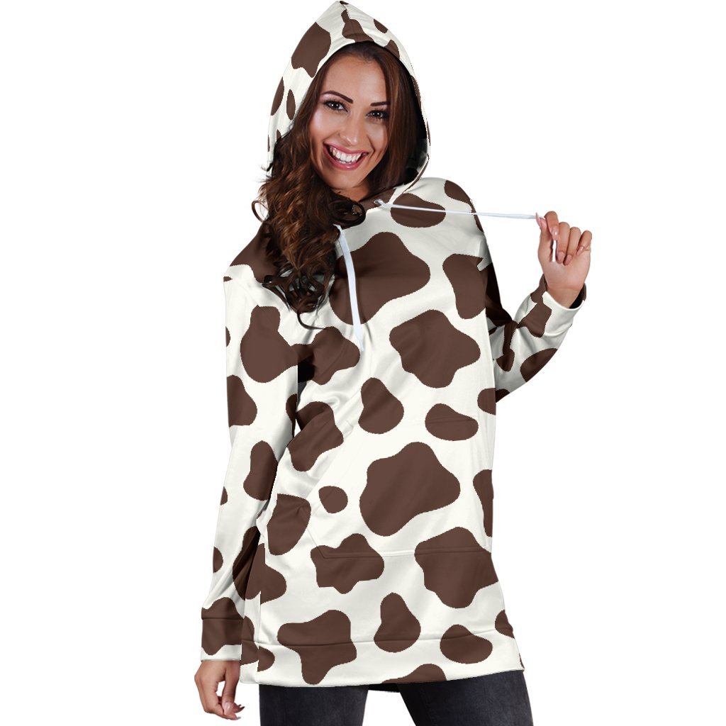 Brown And White Cow Print Hoodie Dress GearFrost