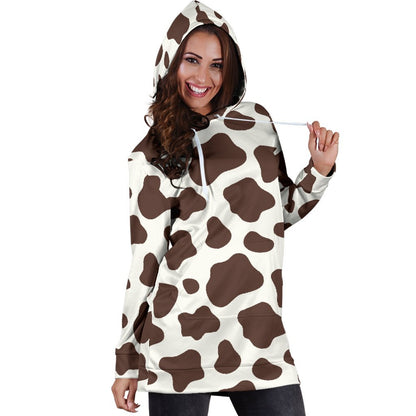 Brown And White Cow Print Hoodie Dress GearFrost