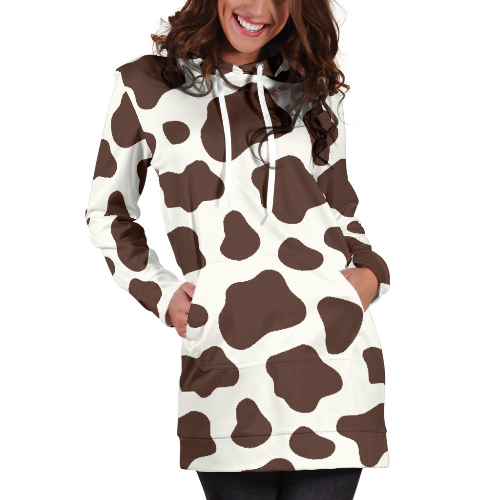 Brown And White Cow Print Hoodie Dress GearFrost