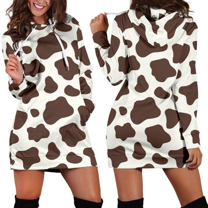 Brown And White Cow Print Hoodie Dress GearFrost