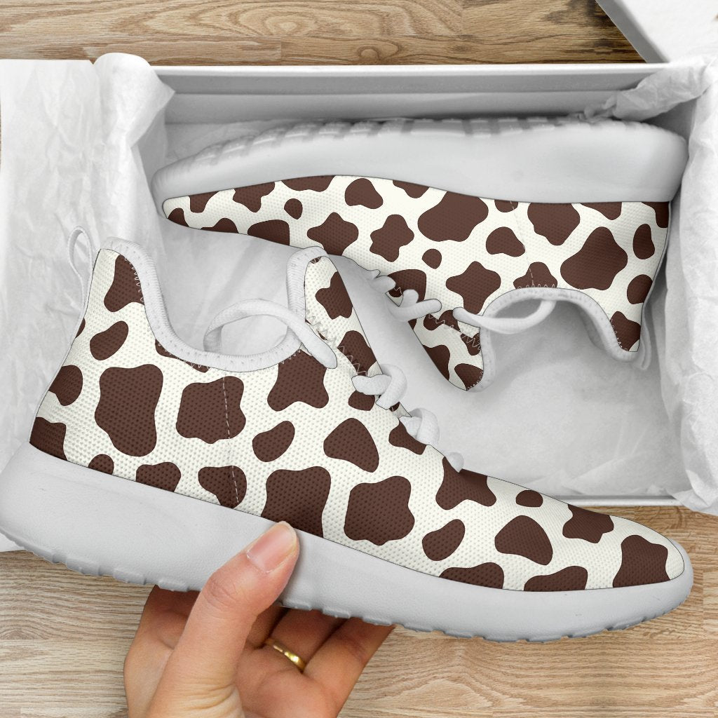 Brown And White Cow Print Mesh Knit Shoes GearFrost