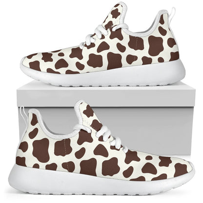 Brown And White Cow Print Mesh Knit Shoes GearFrost