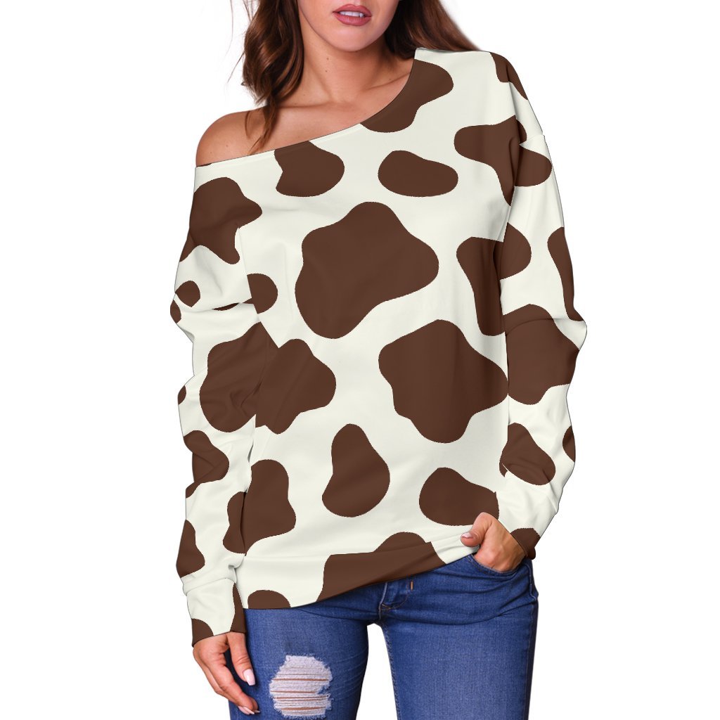 Brown And White Cow Print Off Shoulder Sweatshirt GearFrost