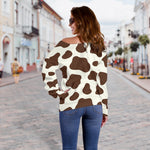 Brown And White Cow Print Off Shoulder Sweatshirt GearFrost