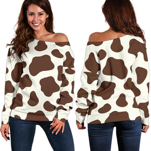 Brown And White Cow Print Off Shoulder Sweatshirt GearFrost