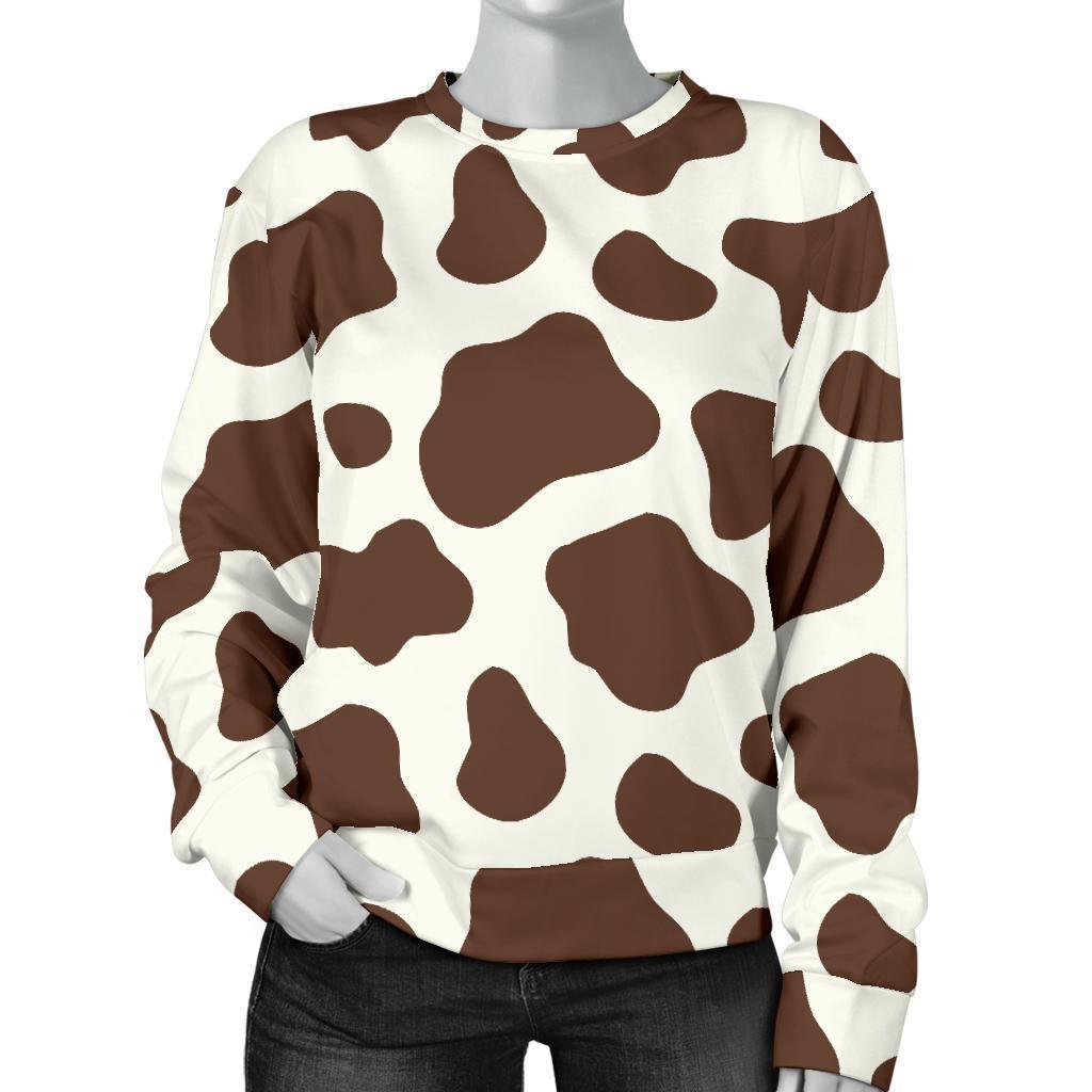 Brown And White Cow Print Women's Crewneck Sweatshirt GearFrost