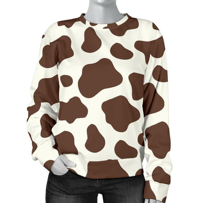 Brown And White Cow Print Women's Crewneck Sweatshirt GearFrost