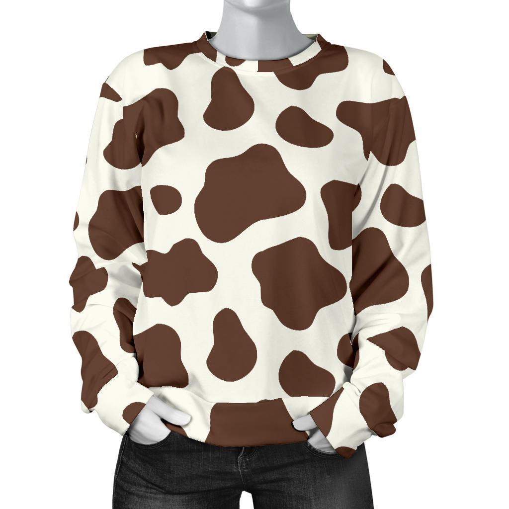 Brown And White Cow Print Women's Crewneck Sweatshirt GearFrost