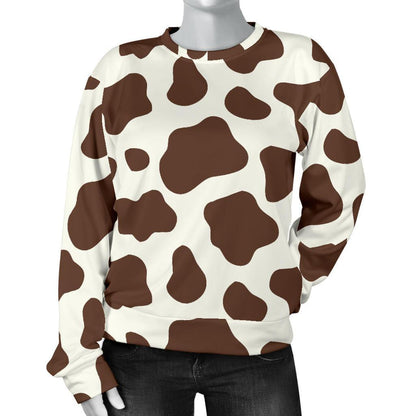 Brown And White Cow Print Women's Crewneck Sweatshirt GearFrost