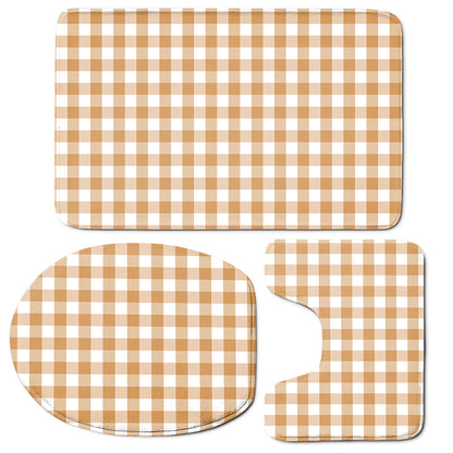 Brown And White Gingham Pattern Print 3 Piece Bath Mat Set