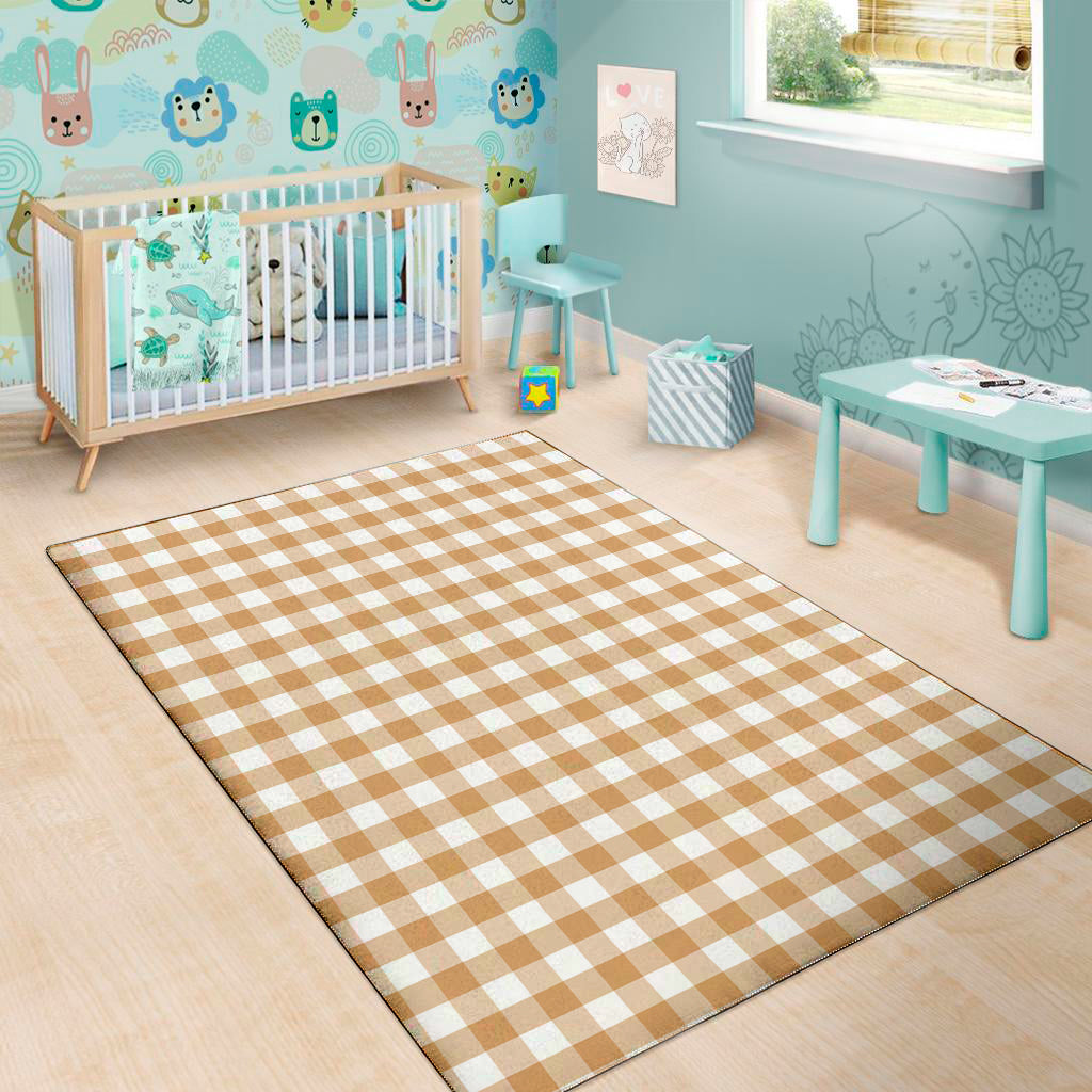 Brown And White Gingham Pattern Print Area Rug