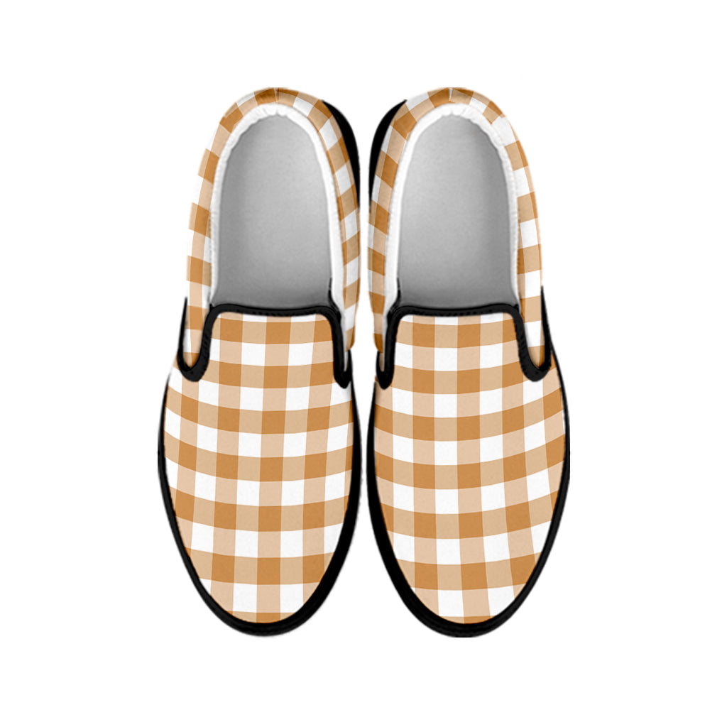 Brown And White Gingham Pattern Print Black Slip On Shoes