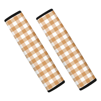 Brown And White Gingham Pattern Print Car Seat Belt Covers