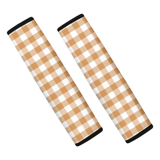 Brown And White Gingham Pattern Print Car Seat Belt Covers