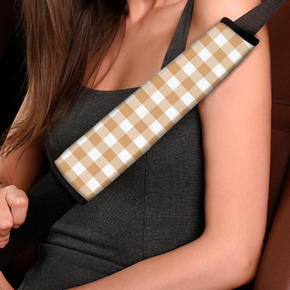 Brown And White Gingham Pattern Print Car Seat Belt Covers
