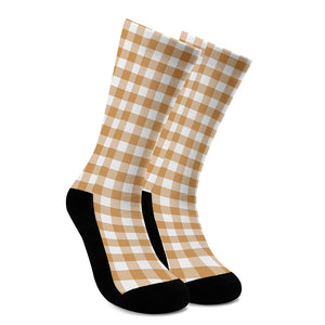 Brown And White Gingham Pattern Print Crew Socks