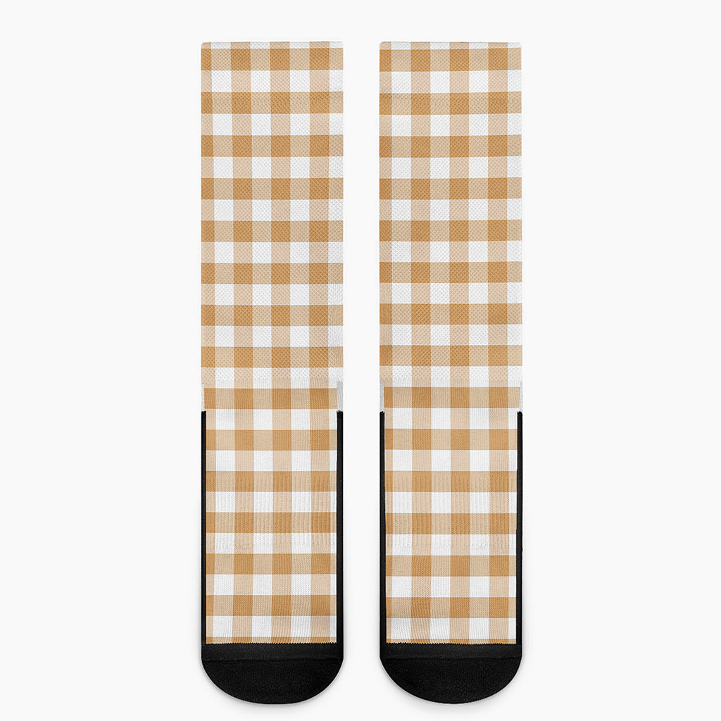 Brown And White Gingham Pattern Print Crew Socks