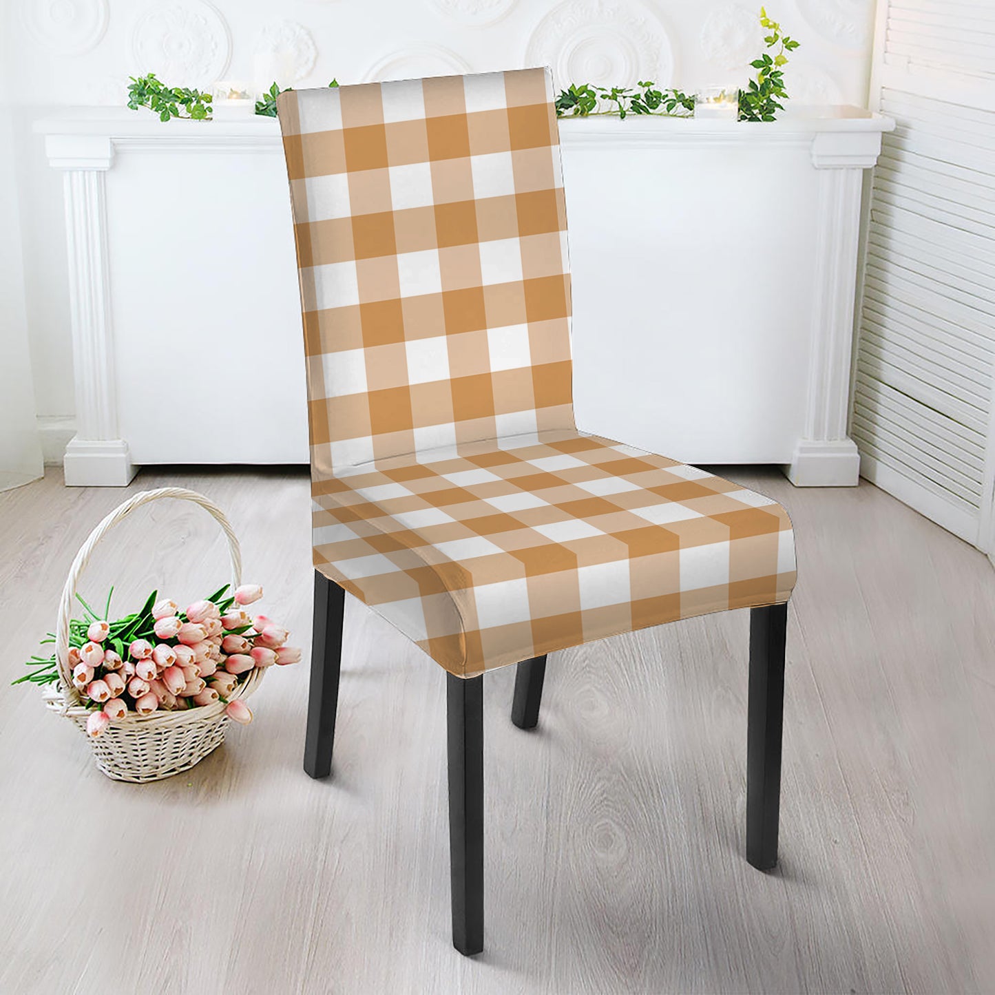Brown And White Gingham Pattern Print Dining Chair Slipcover