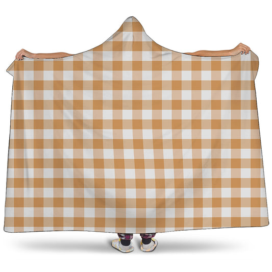 Brown And White Gingham Pattern Print Hooded Blanket