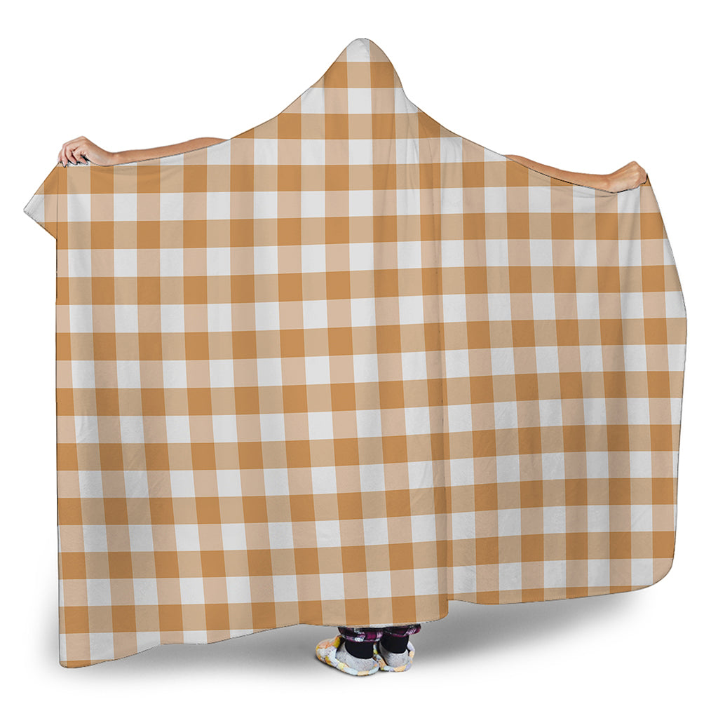 Brown And White Gingham Pattern Print Hooded Blanket