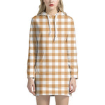 Brown And White Gingham Pattern Print Hoodie Dress