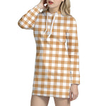 Brown And White Gingham Pattern Print Hoodie Dress