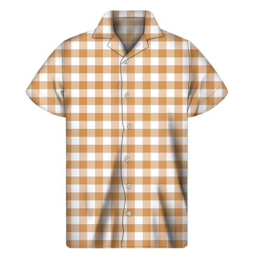 Brown And White Gingham Pattern Print Men's Short Sleeve Shirt