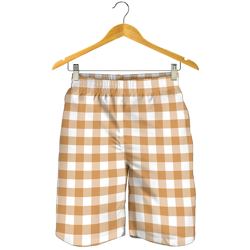 Brown And White Gingham Pattern Print Men's Shorts