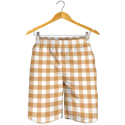 Brown And White Gingham Pattern Print Men's Shorts