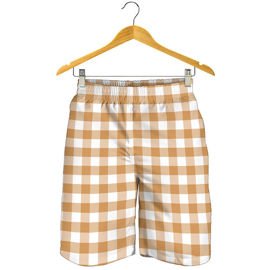 Brown And White Gingham Pattern Print Men's Shorts