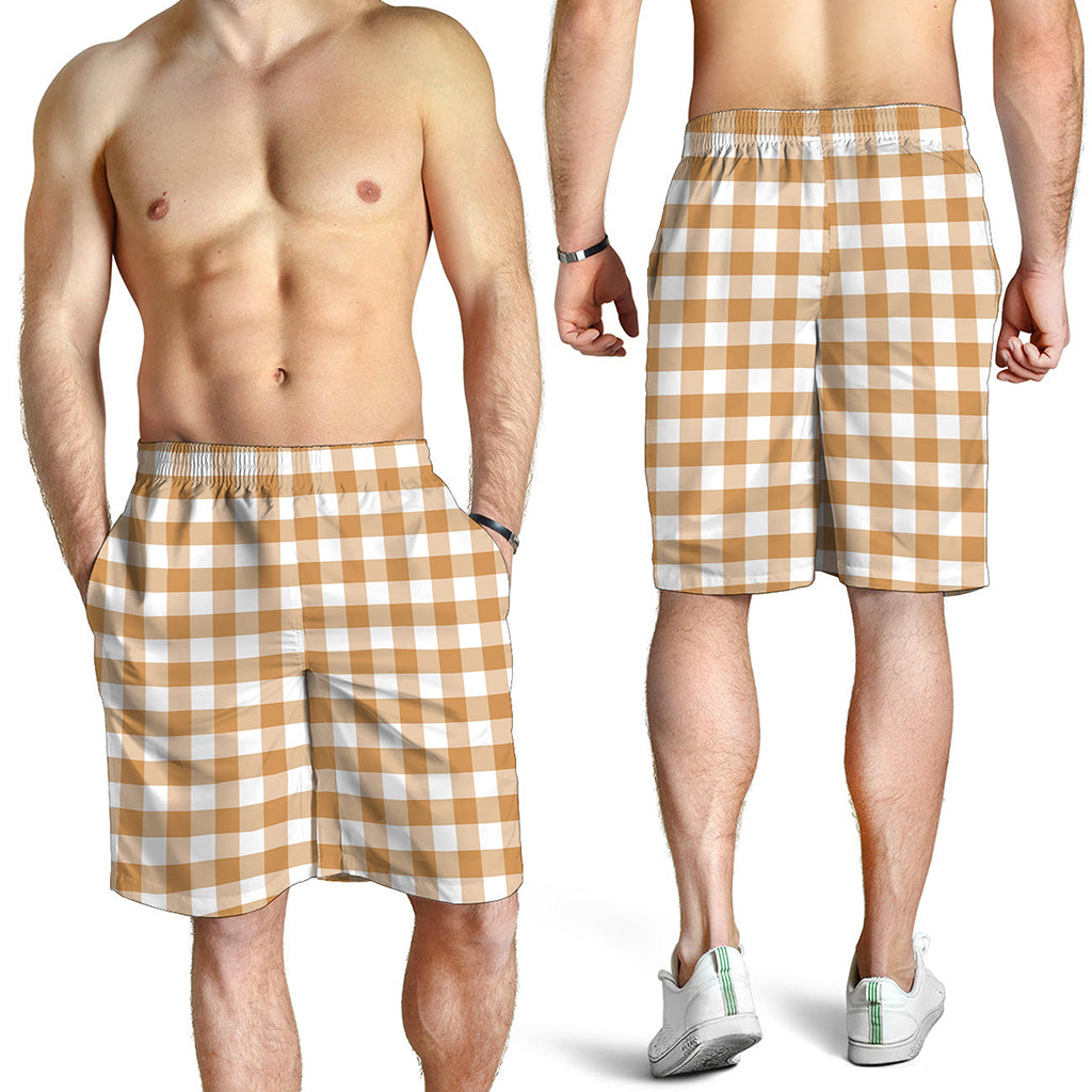 Brown And White Gingham Pattern Print Men's Shorts