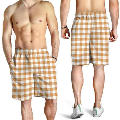 Brown And White Gingham Pattern Print Men's Shorts