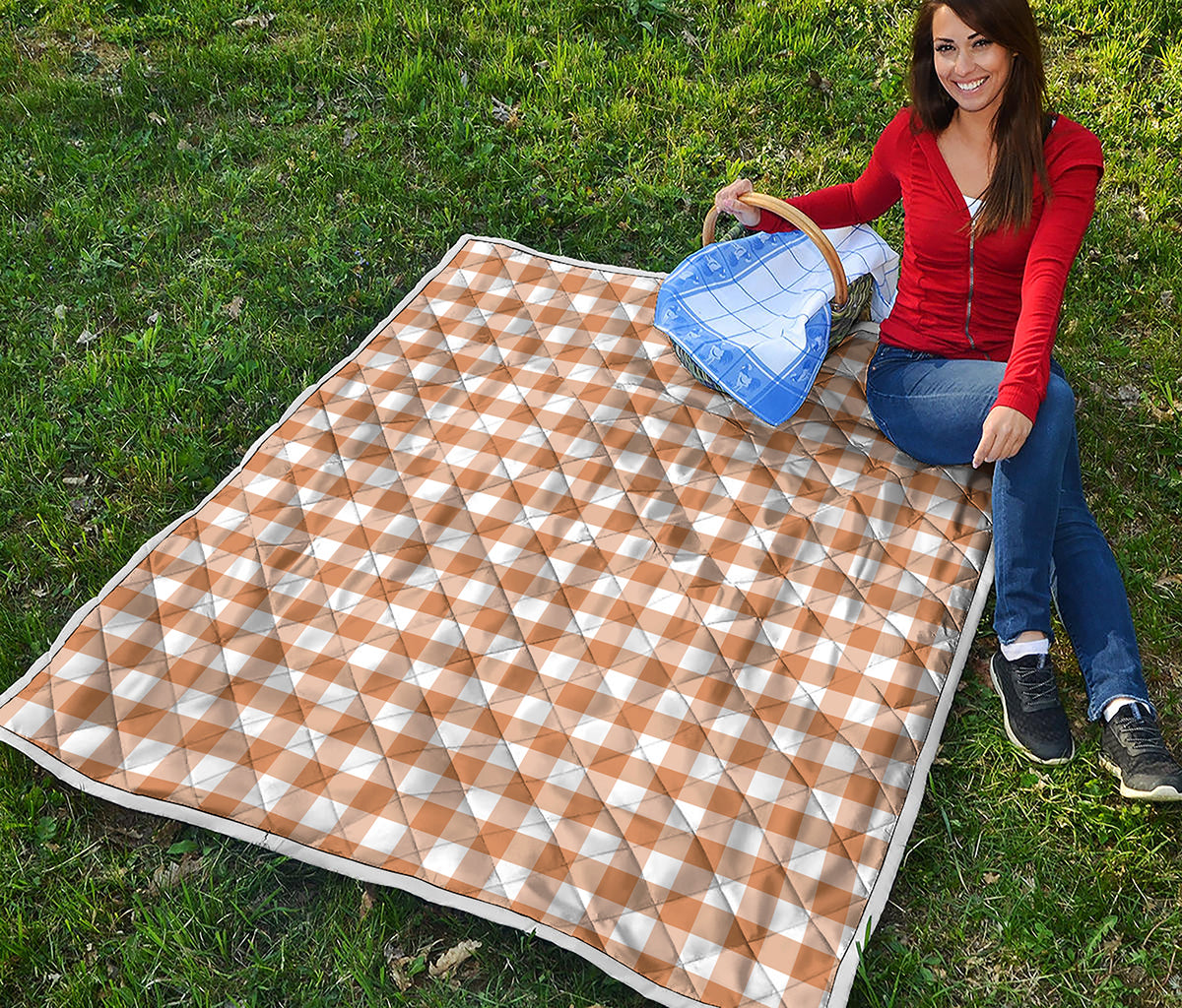 Brown And White Gingham Pattern Print Quilt