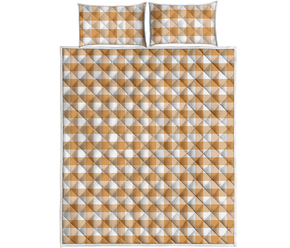 Brown And White Gingham Pattern Print Quilt Bed Set